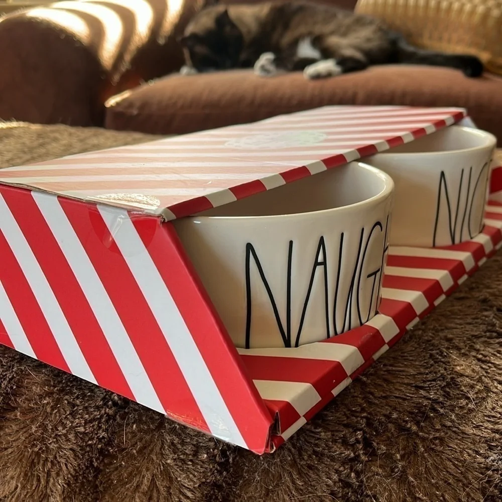 Brand New Rae Dunn 6” Dog Cat Pet Food Bowls Ceramic Naughty Nice Christmas